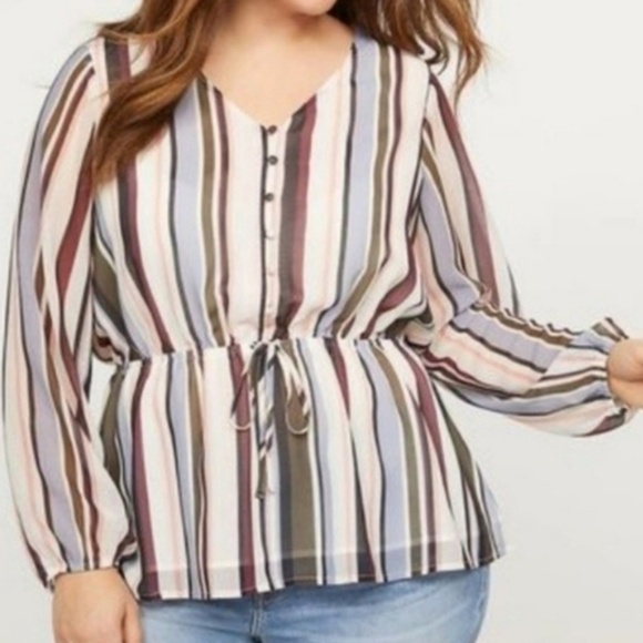 Lane Bryant striped chiffon Cinched Waist Blouse Size 16 V neck covered buttons - Picture 1 of 8